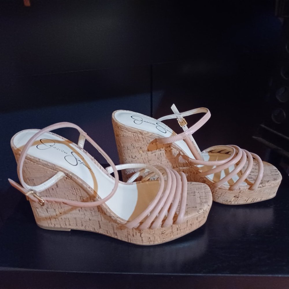 JESSICA SIMPSON SIERAH 10M TAN LEATHER STRAPPY CORK WEDGE SANDALS - WORN 1 TIME